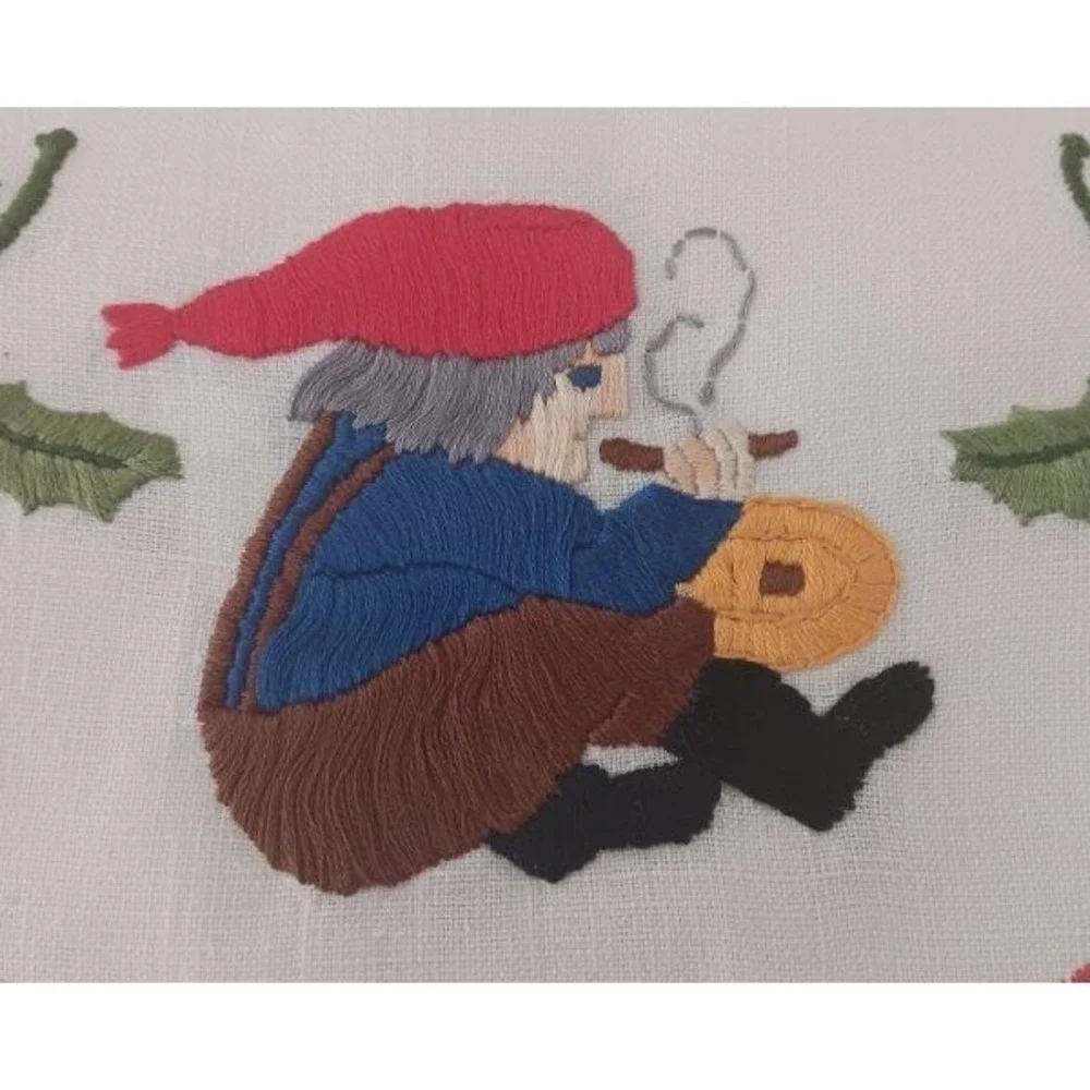 Vintage Scandinavian Embroidered Table Runner Christmas Gnome Holly Berry - Picture 3 of 6